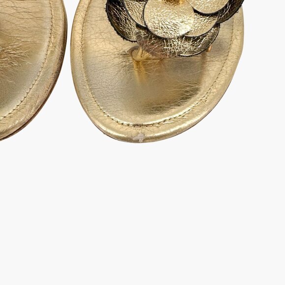 Chanel Camellia Pearl T-Strap Sandals Gold Leather Size 37C US 6–6.5 Women Flat - Picture 5 of 15